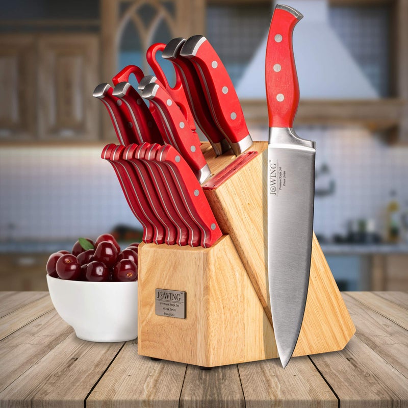 JXWING Professional 15-Piece German High Carbon Stainless Steel Kitchen Knife Set, Ocean Series Premium Forged Full Tang Chef Knives Set with Rubber Wood Block, Red - Image 2